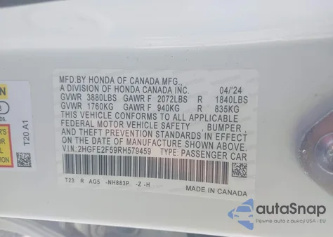 2024 Honda Civic Sport из США, поврежденный, VIN 2HGFE2F59RH579459